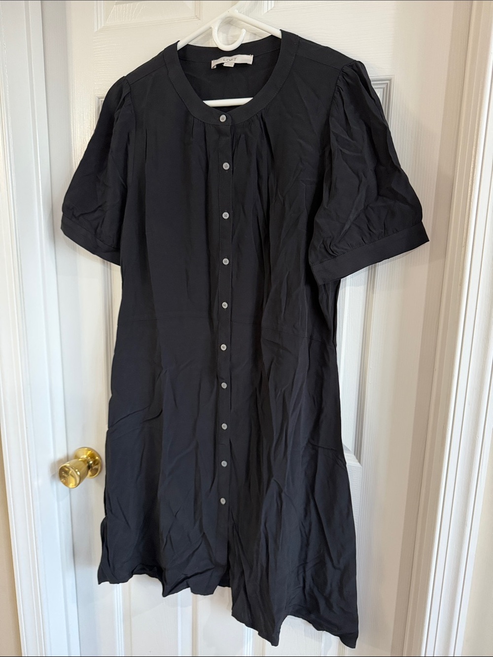 NWOT LOFT Black Button-Front Midi Dress with Short Puff Sleeves - Picture 7 of 10